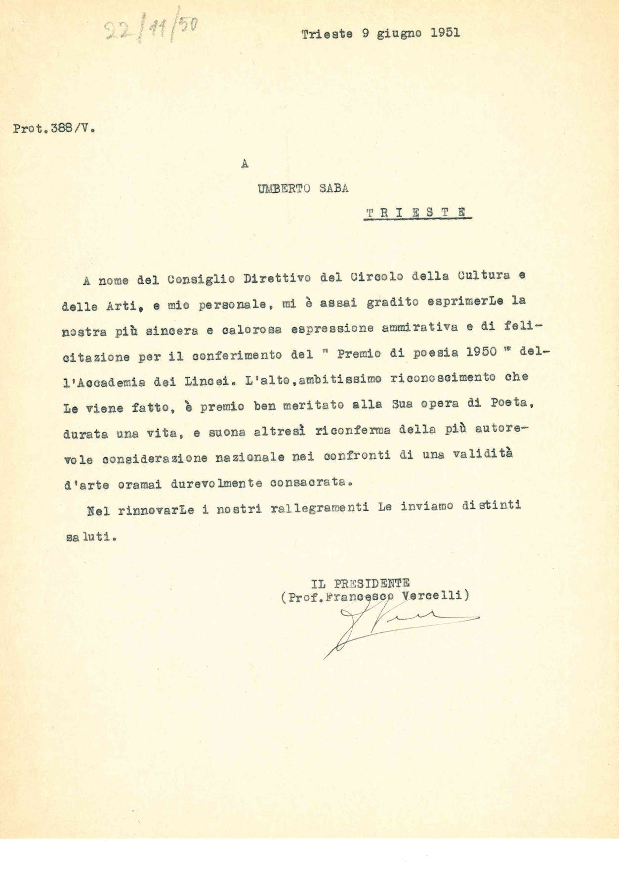 1951 06 09 Felicitazioni Saba